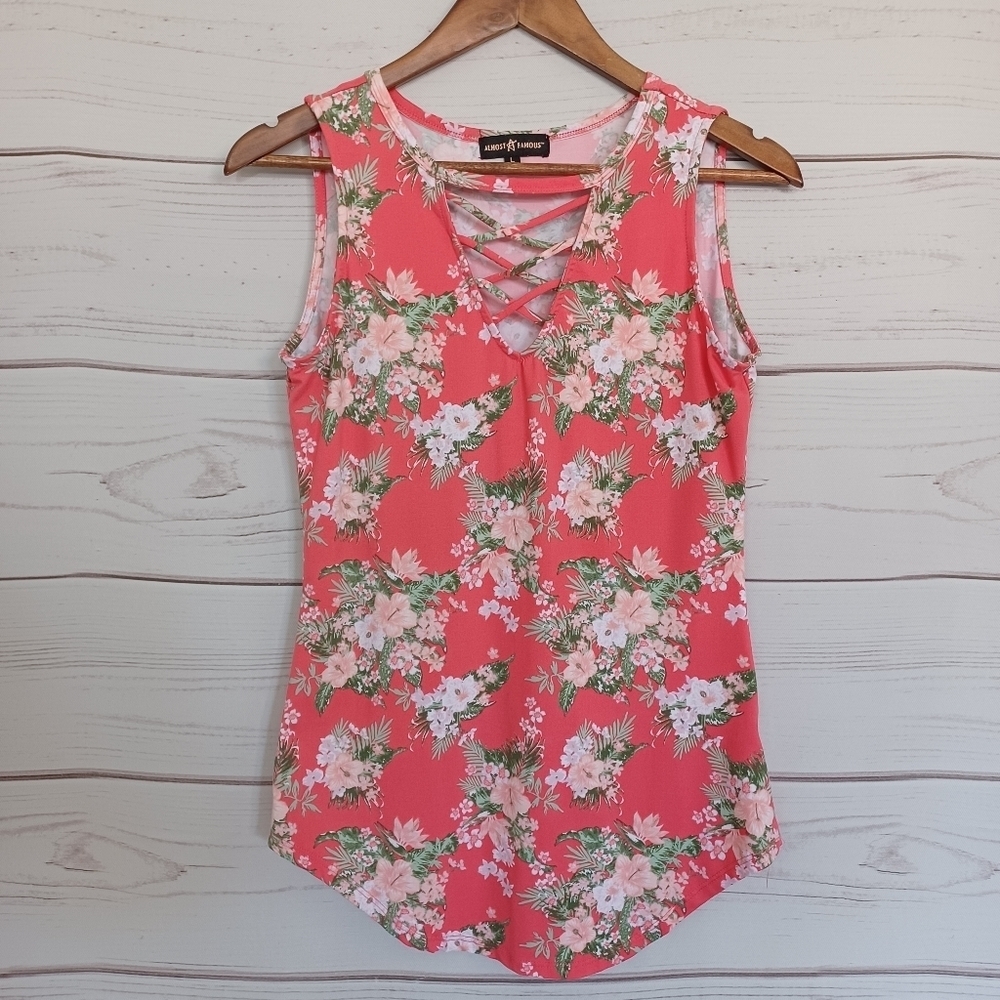 ALMOST FAMOUS Pink Sleeveless Floral Criss-cross Chest V-neck Blouse Shirt Top